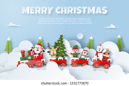 Origami Paper art of Christmas party on the train with Santa Claus, Copy Space, Merry Christmas and Happy New Year