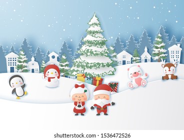 Origami Paper art of Christmas party at snow mountain with Santa Claus and Christmas character, Merry Christmas and Happy New Year
