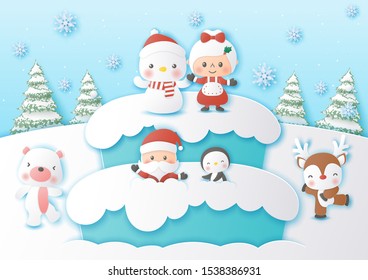 Origami Paper art of Christmas party at snow mountain with Santa Claus and friend, Merry Christmas and Happy New Year