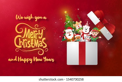 Origami Paper art of Christmas postcard banner with Santa Claus and cute character in a gift box, Merry Christmas and Happy New Year