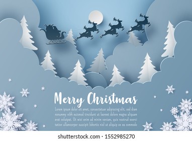 Origami Paper art of Christmas postcard banner Santa Claus and reindeer flying on the sky, Merry Christmas and Happy New year