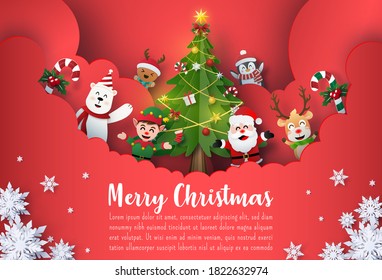 Origami Paper art of Christmas postcard banner of Santa Claus and cute cartoon character, Merry Christmas and Happy New year