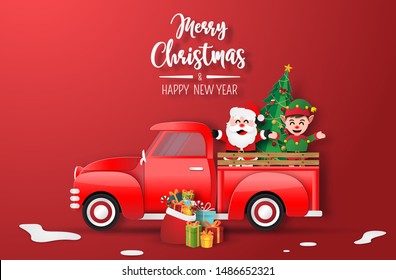 Origami paper art of Christmas red truck with Santa Claus and Elf, Merry Christmas and Happy New Year