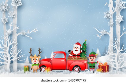 Origami paper art of Christmas red truck with Santa Claus, Reindeer and Elf, Merry Christmas and Happy New Year