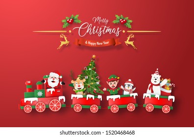Origami paper art of Christmas train with Santa Claus and character on red background, Merry Christmas and Happy New Year