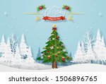 Origami paper art of Christmas tree with decoration in the forest with snowing, Merry Christmas and Happy New Year