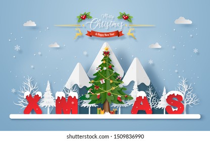 Origami paper art of Christmas tree with word XMAS at the mountain, Merry Christmas and Happy New Year