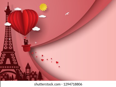 Origami Paper art of Couple on balloon flying over the town and Eiffel tower with layer cover, Love and Happy Valentine's Day