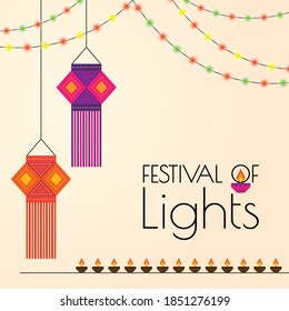 Origami Paper Art & Craft Lantern Hanging with vintage light bulb in the strip line and led strip lighting, along with row of Traditional Retro Oil Clay Lamps for festival of Happy Diwali Typography.