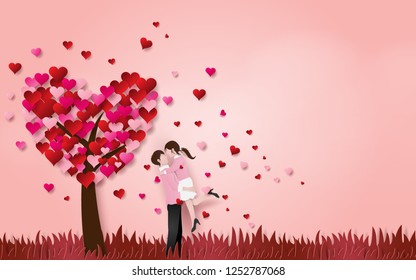 Origami Paper arte de pareja cuta abrazarse en el suelo con árbol del corazón, amor y feliz día de San Valentín