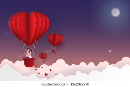 Origami Paper art of Cute couple on balloon floating on the sky with full moon in twilight time, Love and Happy Valentine's Day