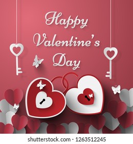 Origami Paper art of Cute heart shaped keys for Valentine's day, Love and Happy Valentine's Day, Can be used for invitation card