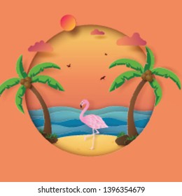Origami Paper art of Flamingo with the beach and sunset, Paper layer background
