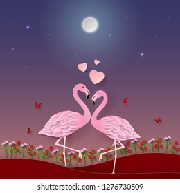 Origami Paper art of Flamingo in the garden, Love and Happy Valentine's Day