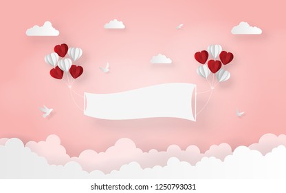 Origami paper art of Heart shaped balloon with blank label on the sky, Love and Happy Valentine's Day