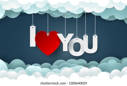 Origami Paper art of Heart and text I Love You hanging with the sky, Love and Happy Valentine's Day