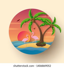 Origami paper art of Icon style summer season, Flamingo on the island with sunset