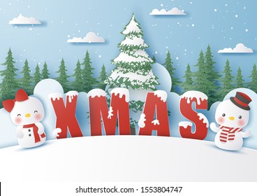 Origami paper art of party with christmas character in the forest, Merry christmas and happy new year