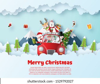 Origami paper art postcard of Santa Claus and friend driving Christmas red car on the sky, Merry Christmas and Happy New Year