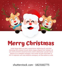 Origami Paper art of Postcard Santa Claus and reindeer with copy space