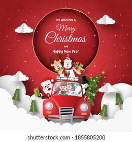 Origami Paper art of Postcard Santa Claus and friends in red car on the sky