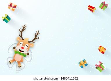 Origami paper art of Reindeer make a snow angel, Merry Christmas and Happy New Year