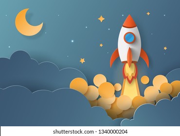 Origami Paper art of Rocket launching on the sky, StartUp Business concept