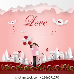 Origami Paper art of Romantic couple in love in flower garden near the village, Love and Happy Valentine's Day