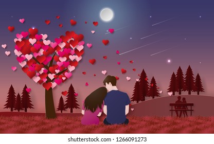 Origami Paper art of Romantic couple sitting on grass floor in the park looking at the moon in twilight time, Love and Happy Valentine's Day