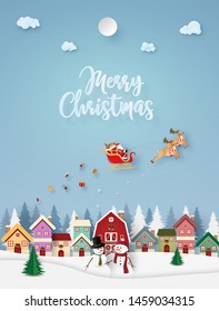 Origami paper art of Santa Claus coming to town, Merry Christmas and Happy New Year