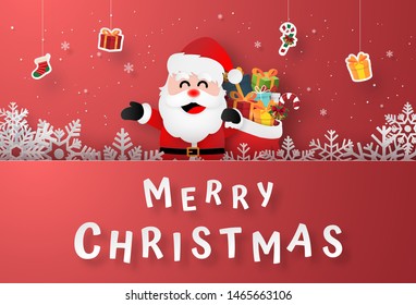 Origami paper art of Santa Claus with hanging gifts on Christmas postcard, Merry Christmas and Happy New Year