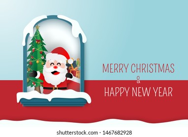 Origami paper art of Santa Claus in a hourse with Christmas tree, Merry Christmas and Happy New Year