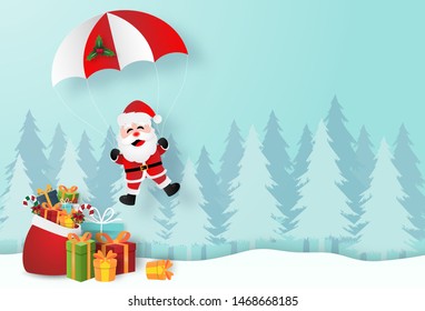 Origami paper art of Santa Claus with Christmas gifts in pine forest, Merry Christmas and Happy New Year