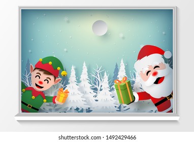 Origami paper art of Santa Claus and Elf at the window to give a gift, Merry Christmas and Happy New Year