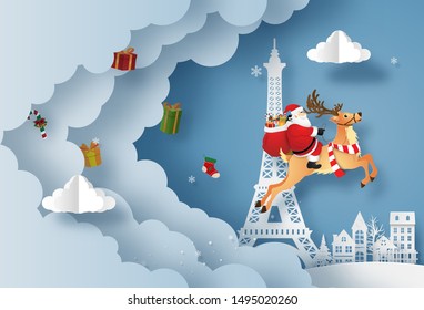Origami paper art of Santa Claus bringing presents in town and Eiffel tower, Merry Christmas and Happy New Year