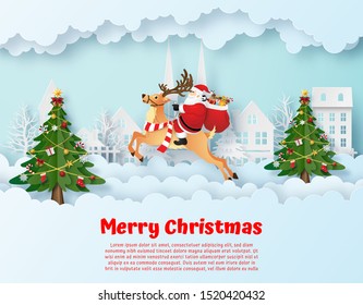 Origami paper art of Santa Claus and Reindeer in the village, Merry Christmas and Happy New Year