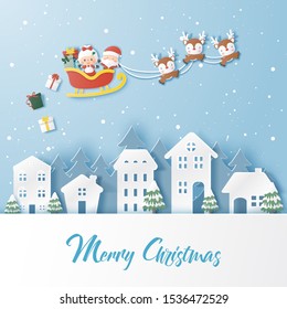 Origami paper art of Santa Claus and reindeer flying to give a gift with snowfall, Merry Christmas and Happy New Year