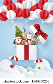 Origami Paper art of Santa Claus and cute character in a gift box with balloon on the sky, Merry Christmas and Happy New Year