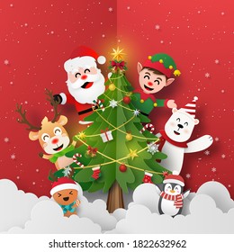 Origami Paper art of Santa Claus and friends with Christmas tree, Merry Christmas and Happy New Year