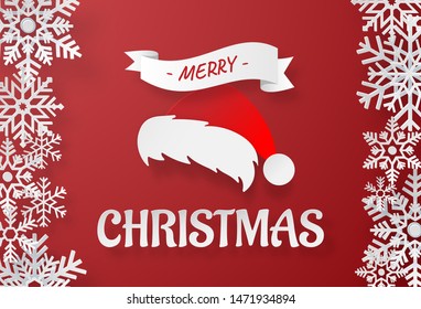 Origami paper art of Santa Claus's hat with snowflake on red background, Merry Christmas and Happy New Year