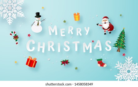 Origami paper art of Snow flake with Christmas gifts, Merry Christmas and Happy New Year