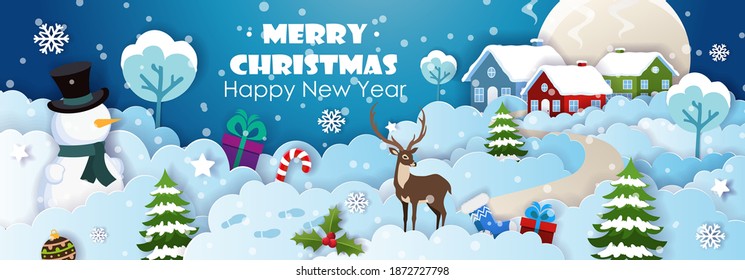 Origami paper art of Snowman, Reindeer and Christmas Trees with Christmas Gifts. Winter landscape with houses and snowy hills. Vector illustration