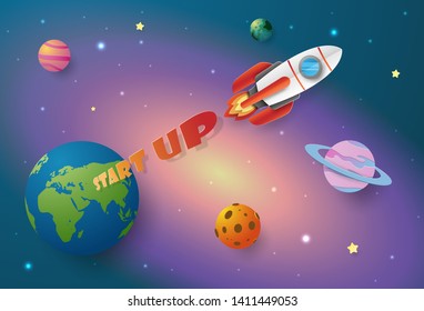 Origami paper art of Start-Up Business concept, Rocket launching to the space