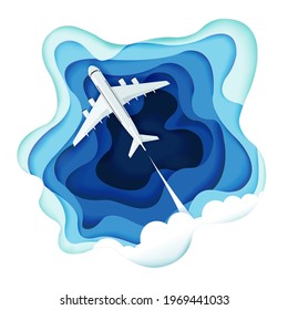 Origami Paper art style airplane flying to the sky through cloud forms, Vector illustration