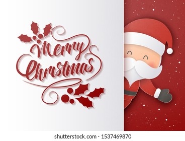 Origami paper art style, Postcard of Santa Claus and Christmas character with copy space, Merry Christmas and Happy New Year