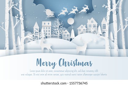 Origami paper art style, Santa Claus at the village in Christmas day, Merry Christmas and Happy New Year