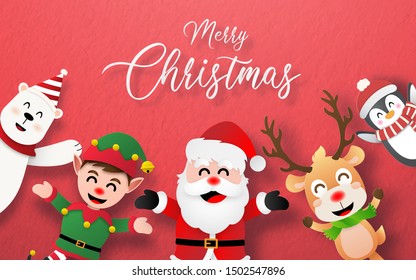 Origami paper art style, Paper texture postcard of Santa Claus and Christmas character, Merry Christmas and Happy New Year