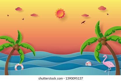 Origami paper art of Summer season, the view of the ocean with coconut tree, Sunset in the evening