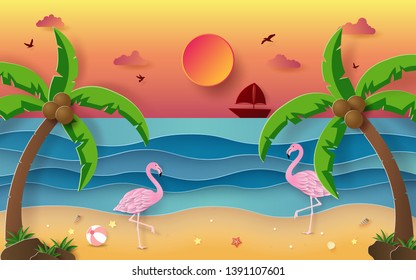 Origami paper art of Summer season, Flamingo on the tropical beach with sunset in the evening