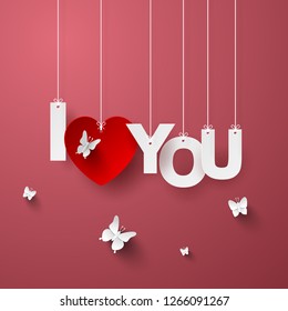 Origami Paper art of Text I love you with butterfly on pink background, Love and Happy Valentine's Day